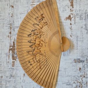 Vintage Asian Large Wooden Hand Fan  Ship Design & Horse Design Wall Decor OS